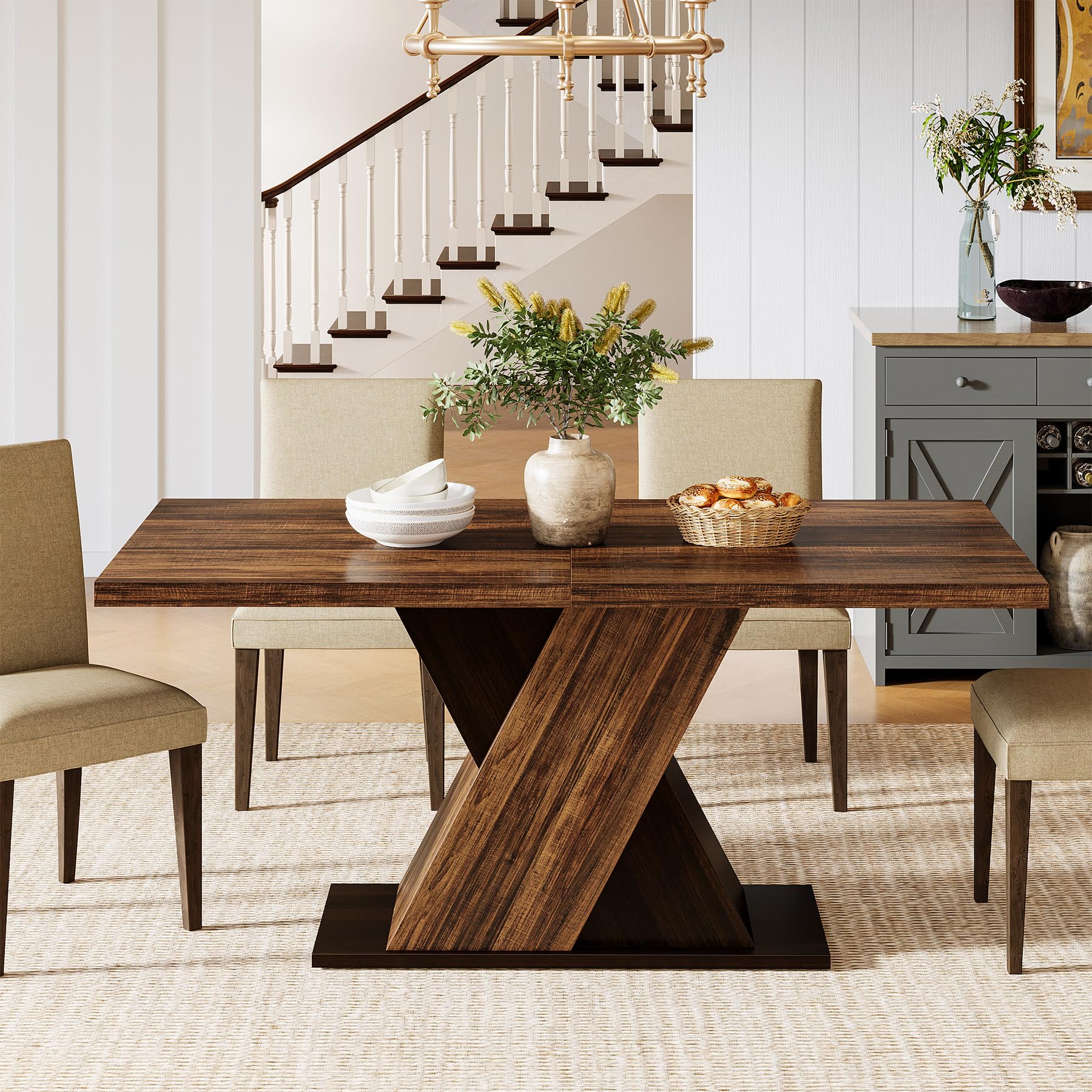 Tribesigns 55-Inch Farmhouse Dining Table for 4, Rectangle Rustic Brown Kitchen Dining Room Table, Wooden Dinner Table for Home Dining Room