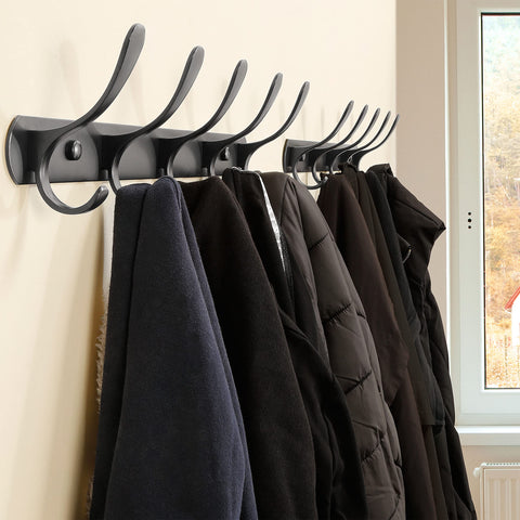 SKOLOO Modern Metal Coat Rack Wall Mount with 5 Hooks, Pack of 2, Sturdy Wall Coat Hooks for Hanging Coats, Jacket, Clothes, Hat, Matte Black