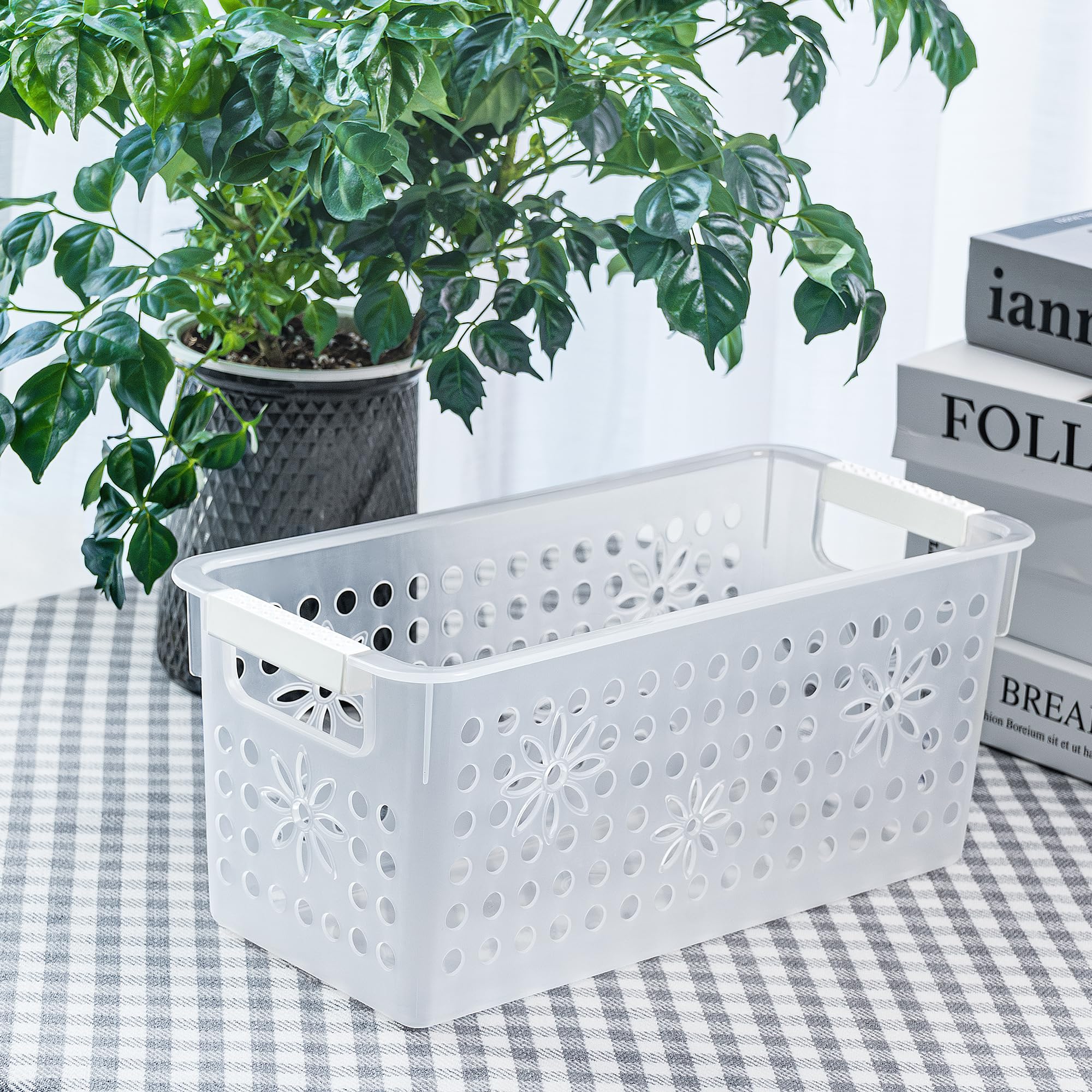 Cetomo Plastic Storage Box, Storage Baskets with Handle, Shelf Basket Organizer with Hole, Open Top Storage Bin for Home Kitchen Office, Transparent