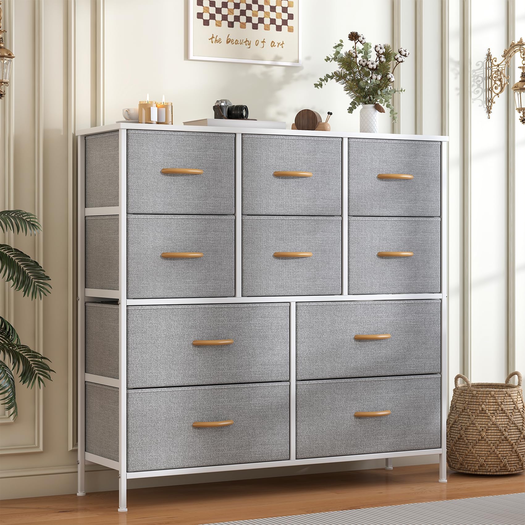 Feonase Chest of Drawers, Bedroom Tall Dresser with 10 Fabric Drawers, Metal Frame & MDF Wood Top, Adjustable Feet