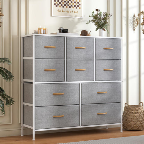 Feonase Chest of Drawers, Bedroom Tall Dresser with 10 Fabric Drawers, Metal Frame & MDF Wood Top, Adjustable Feet
