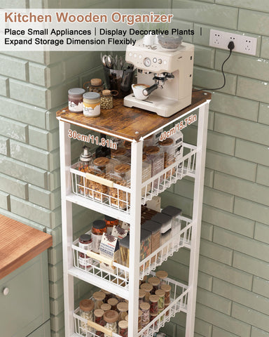 Ornestia 5-tier Vegetable Rack with Wooden Top for Kitchen Storage（White