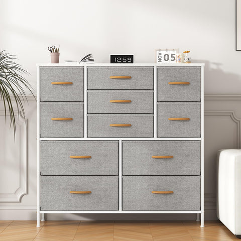 Feonase Chest of Drawers,Bedroom Tall Dresser with 11 Fabric Drawers, Metal Frame & MDF Wood Top, Adjustable Feet, Storage Organizer Unit for Bedroom