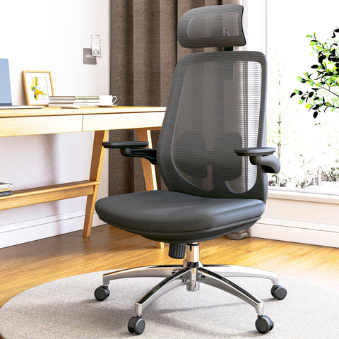 LarkLeaves Ergonomic Mesh Office Chair, Comfy with Adjustable Headrest, Flip-Up Arms, Lumbar Support, Thick Cushion, Swivel for Home Office, Study
