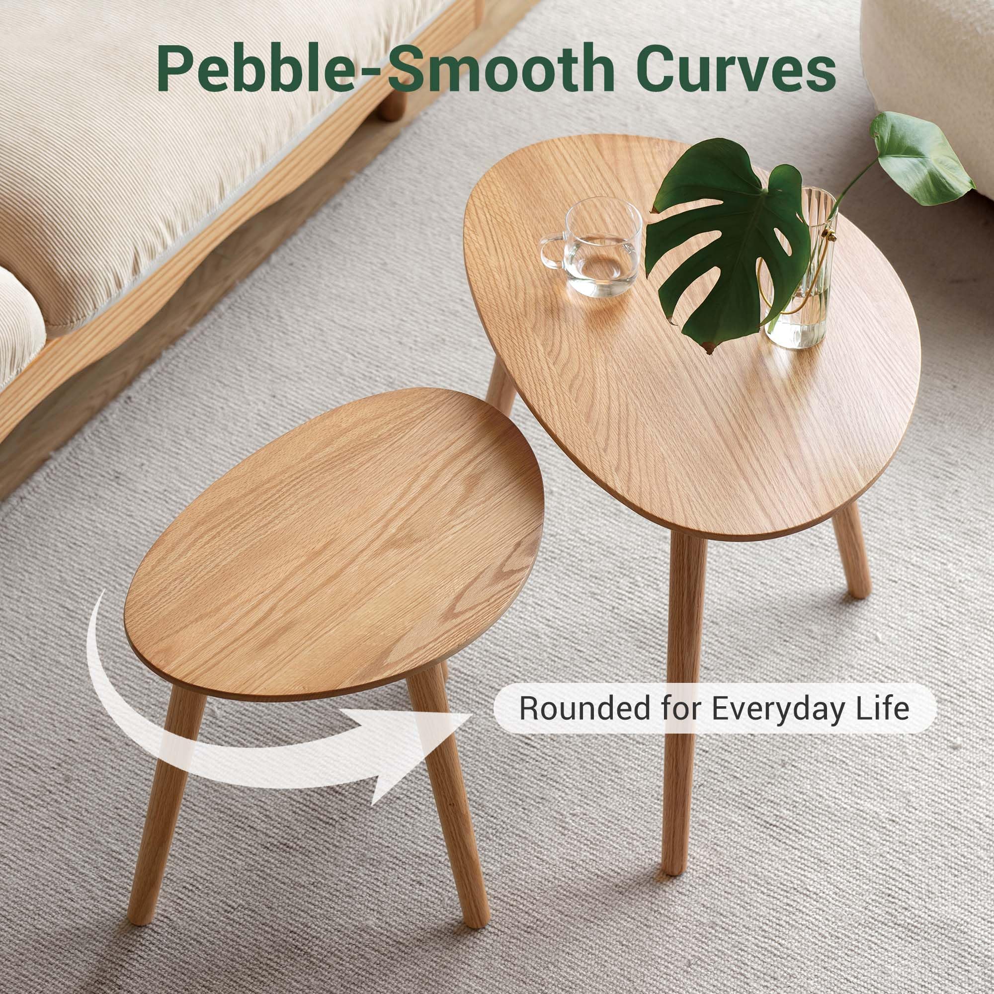 YESWOOD Solid Wood Side Table, Oak Coffee Tables, Oval Side Table with Natural Wooden Legs, Pebble Shape for Living Room and Balcony, Sofa Table