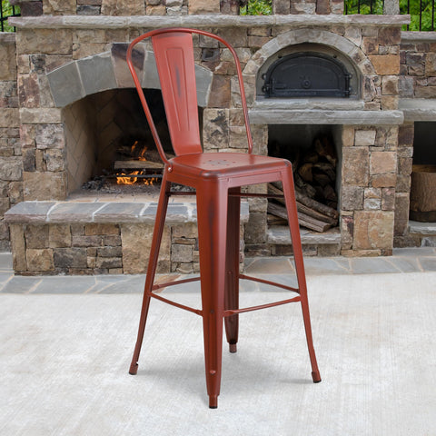 Flash Furniture Blake Commercial Grade 4 Pack 30" High Distressed Kelly Red Metal Indoor-Outdoor Barstool with Back