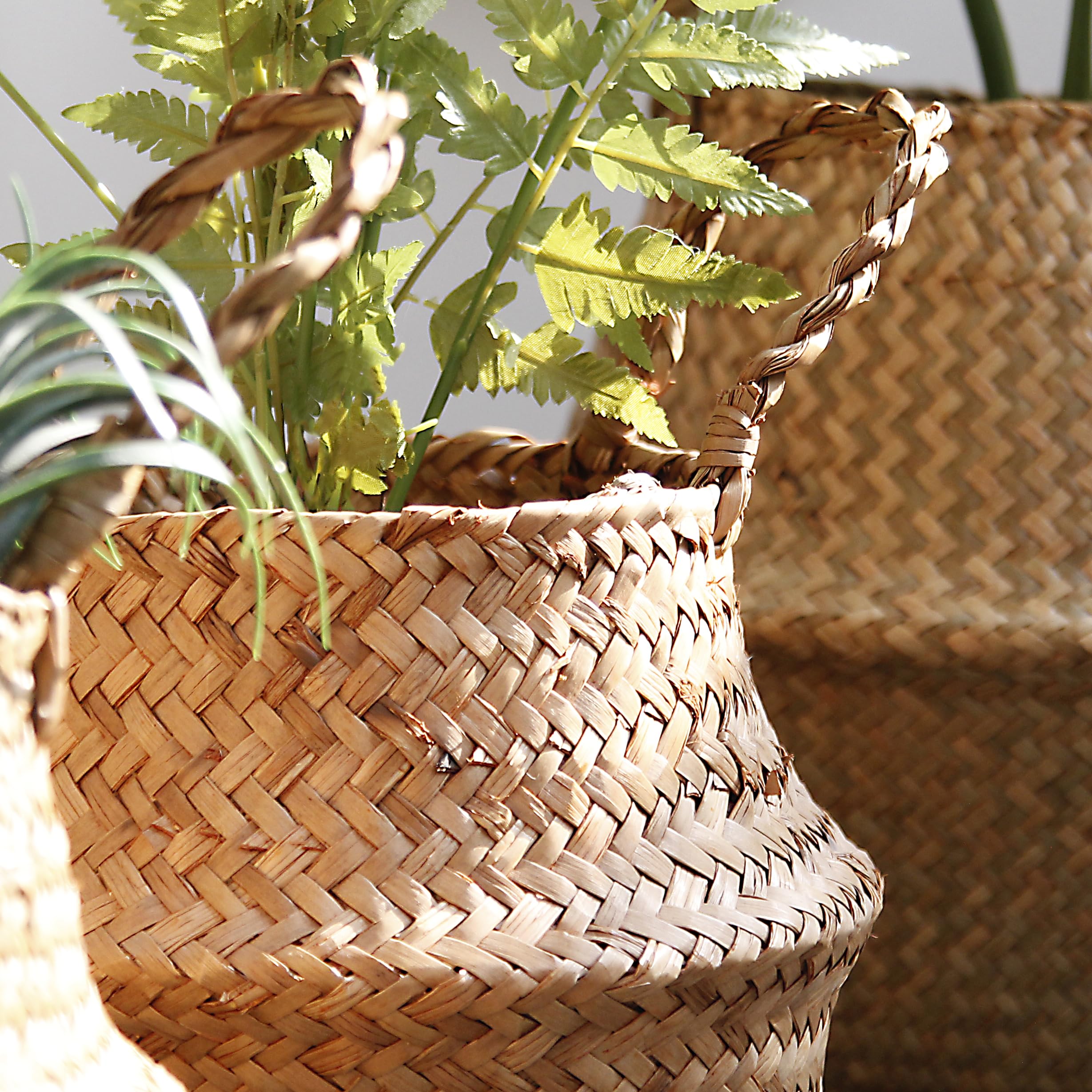 FEILANDUO Seagrass Belly Basket Woven Plant Pot with Handle, Natural Foldable Laundry Toy Storage Baskets for Shelves