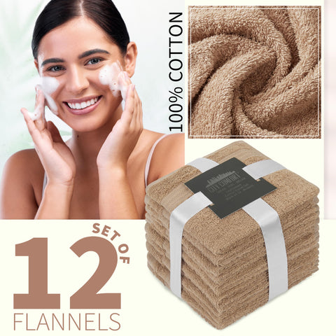 CityComfort Flannels Pack of 12 Face Towels 100% Cotton 550 GSM 30x30cm Highly Absorbent Soft Wash Cloth Household Essentials (Brown - 12 Pack)