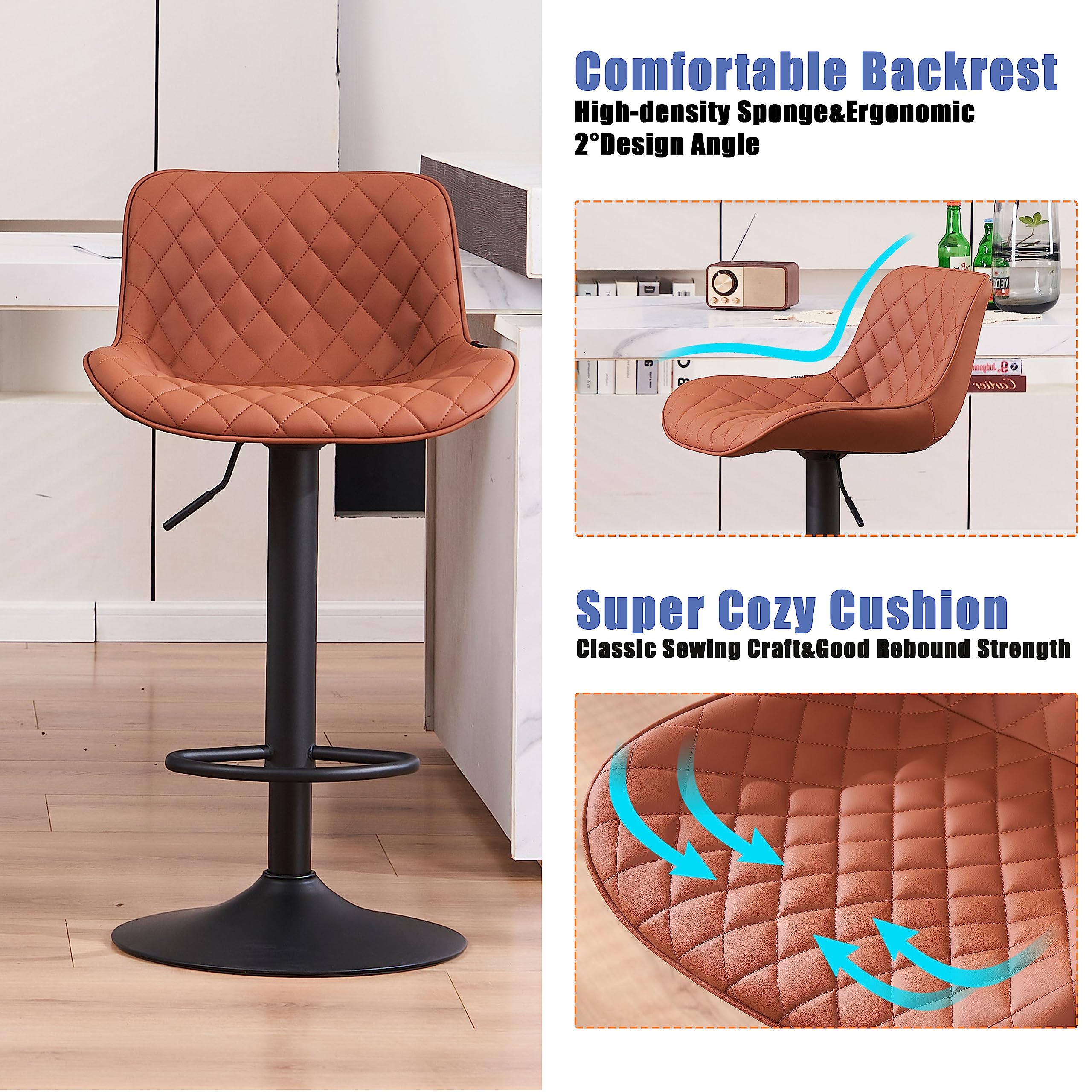 YOUTASTE Bar Stools Set of 2, Adjustable Height, PU Leather Padded Swivel Stools with Backrest, Gas Lift for Kitchen Island, Counter, Coffee