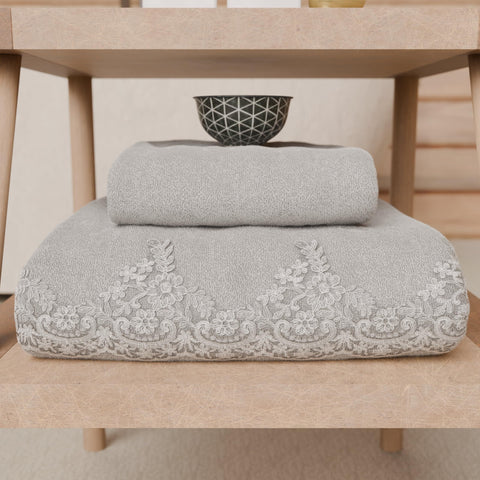 PETTI Artigiani Italiani - 100% Cotton Terry Bath Towels, 1+1 Towel Set, 2 Pieces, 1 Face Towel and 1 Hand Towel, Light Grey