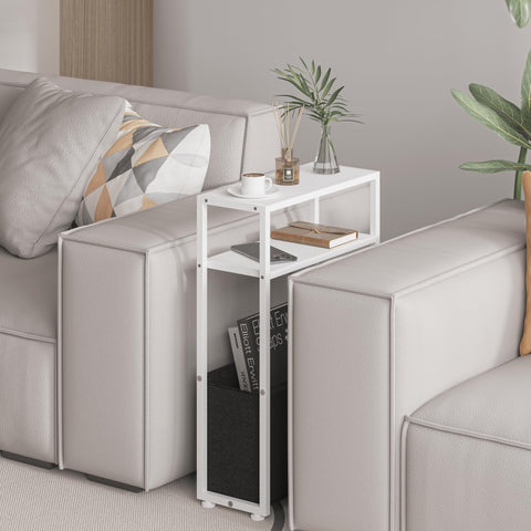 JERX Narrow Side Table with Fabric Basket, End Table for Small Spaces, Slim Side Table with Magazine Rack for Living Room Office Bedroom and Bathroom