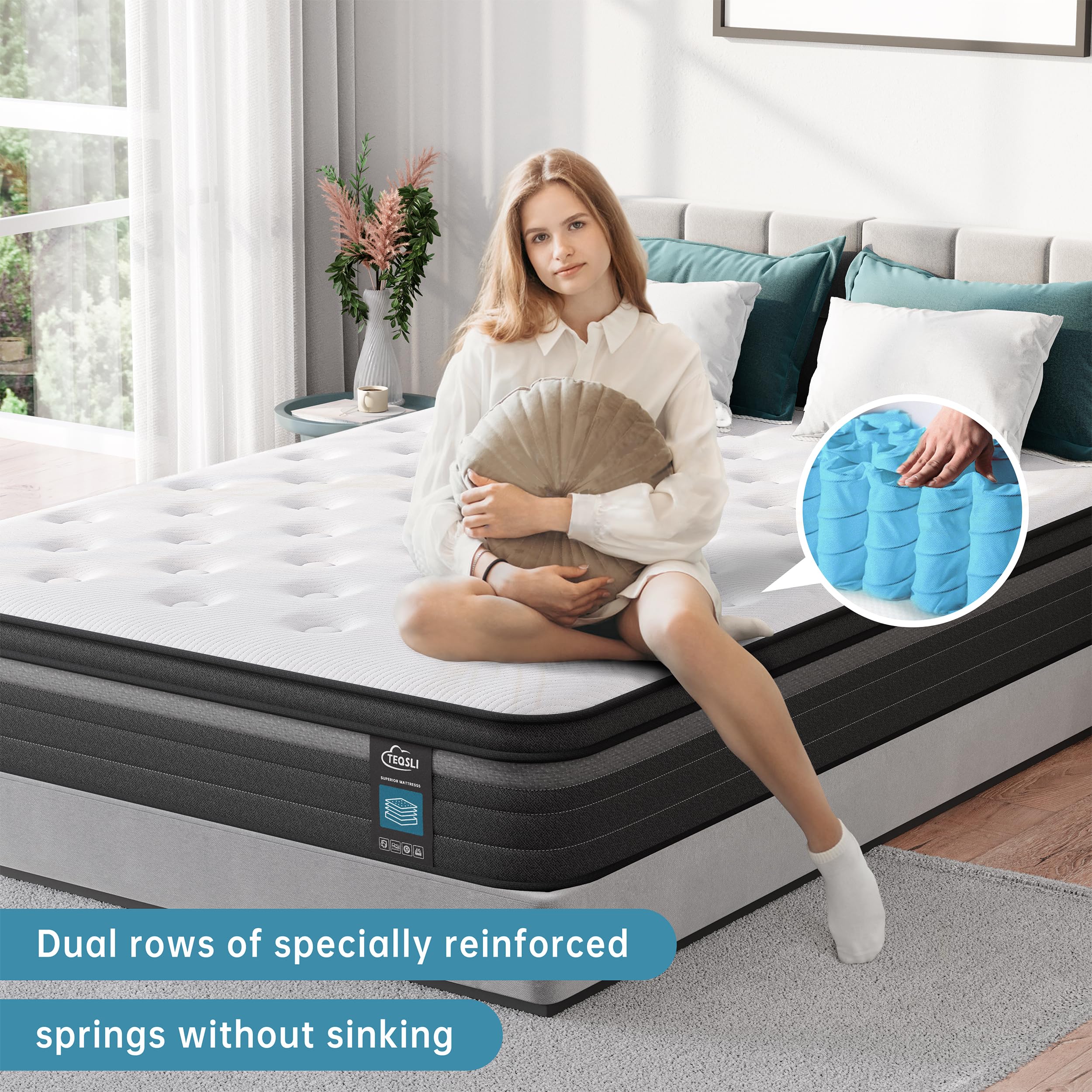 TeQsli Individually Pocket Sprung Small Double Mattress 4FT with Soft Fabric, 9 Inch Hybrid Mattress Small Double for Pressure & Back Pain Relief