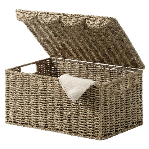 StorageWorks Scalloped Edge Wicker Basket with Lid, Handwoven Natural Seagrass Basket for Décor, Shelves, Nursery Room