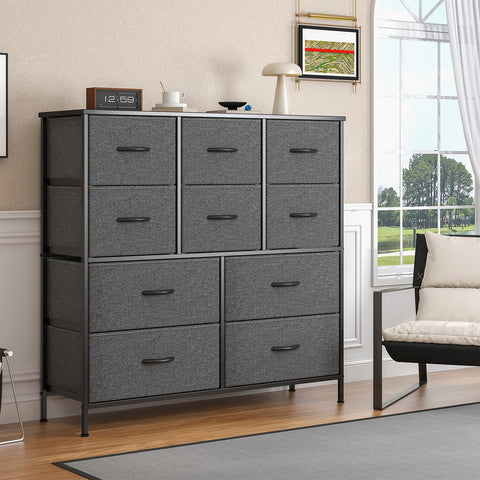 Feonase Chest of Drawers, Bedroom Tall Dresser with 10 Fabric Drawers, Metal Frame & MDF Wood Top, Adjustable Feet