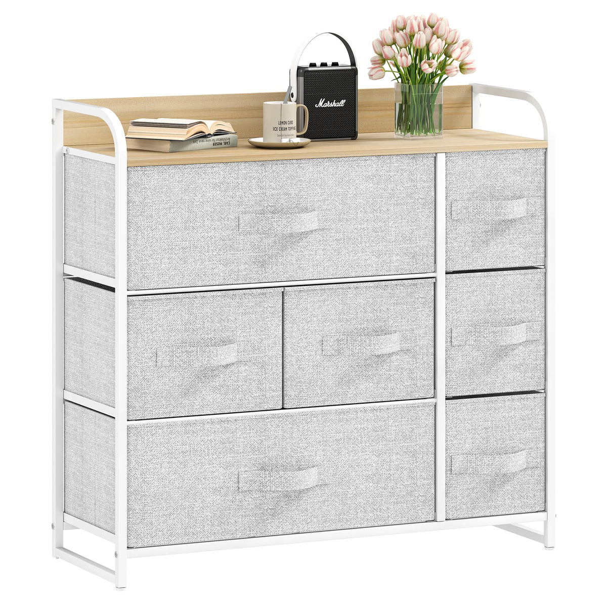 DWVO Chest of Drawers,Fabric Chest of Drawers Bedroom Cabinet with 7 Drawers,Dresser for Bedroom,Living Room With Handles,Wood Top and Sturdy Steel