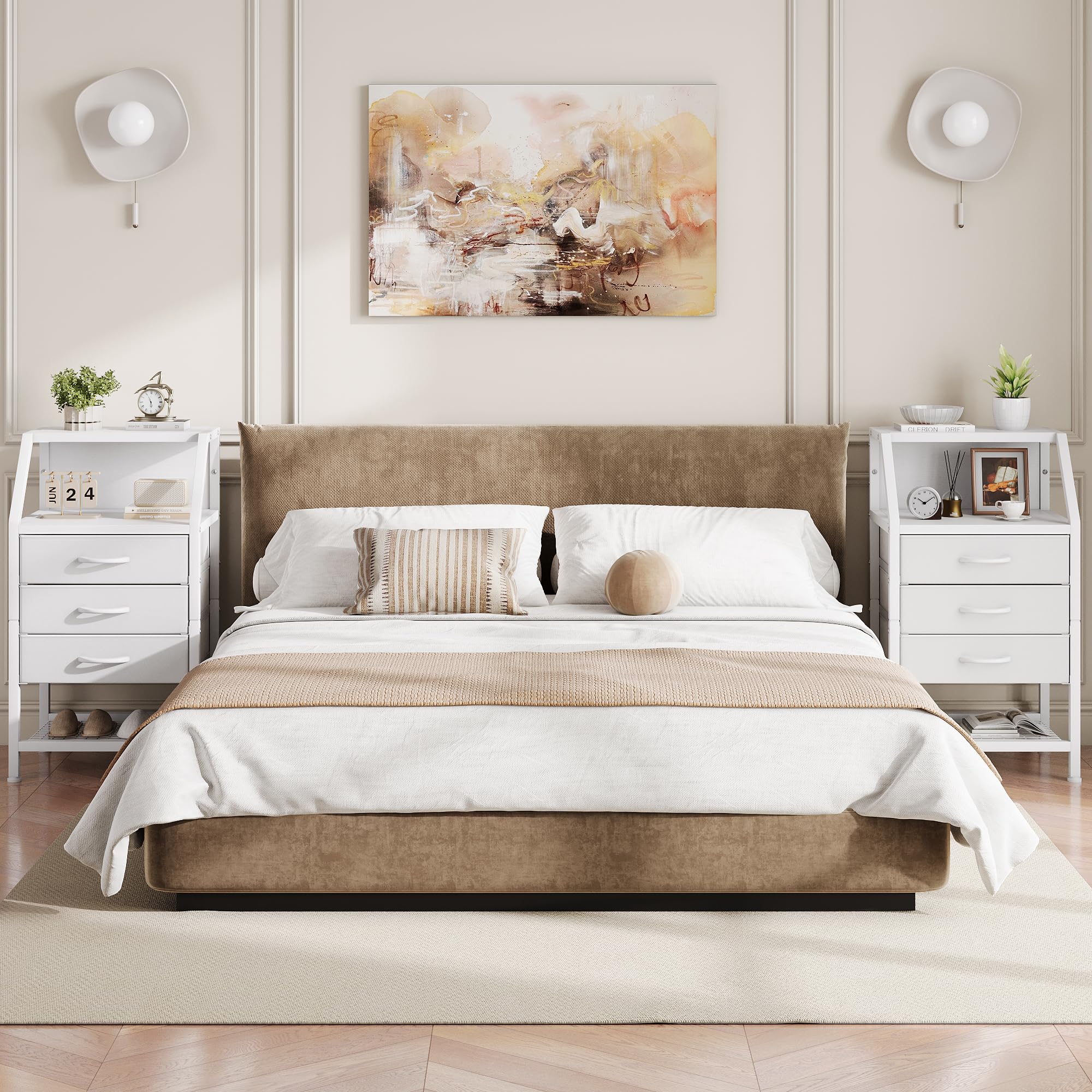 Feonase Bedside Table Wide with 3 Fabric Drawers & Open Shelf Suitable For Bedroom Bed Side Tables, Sofa Side Tables