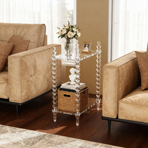 Dewrhiixe Acrylic Side Table 2-Tier, Clear Nightstand with Storage, Narrow Bedside End Table for Small Spaces (Clear, 20.7"×10.4“×25.9”)