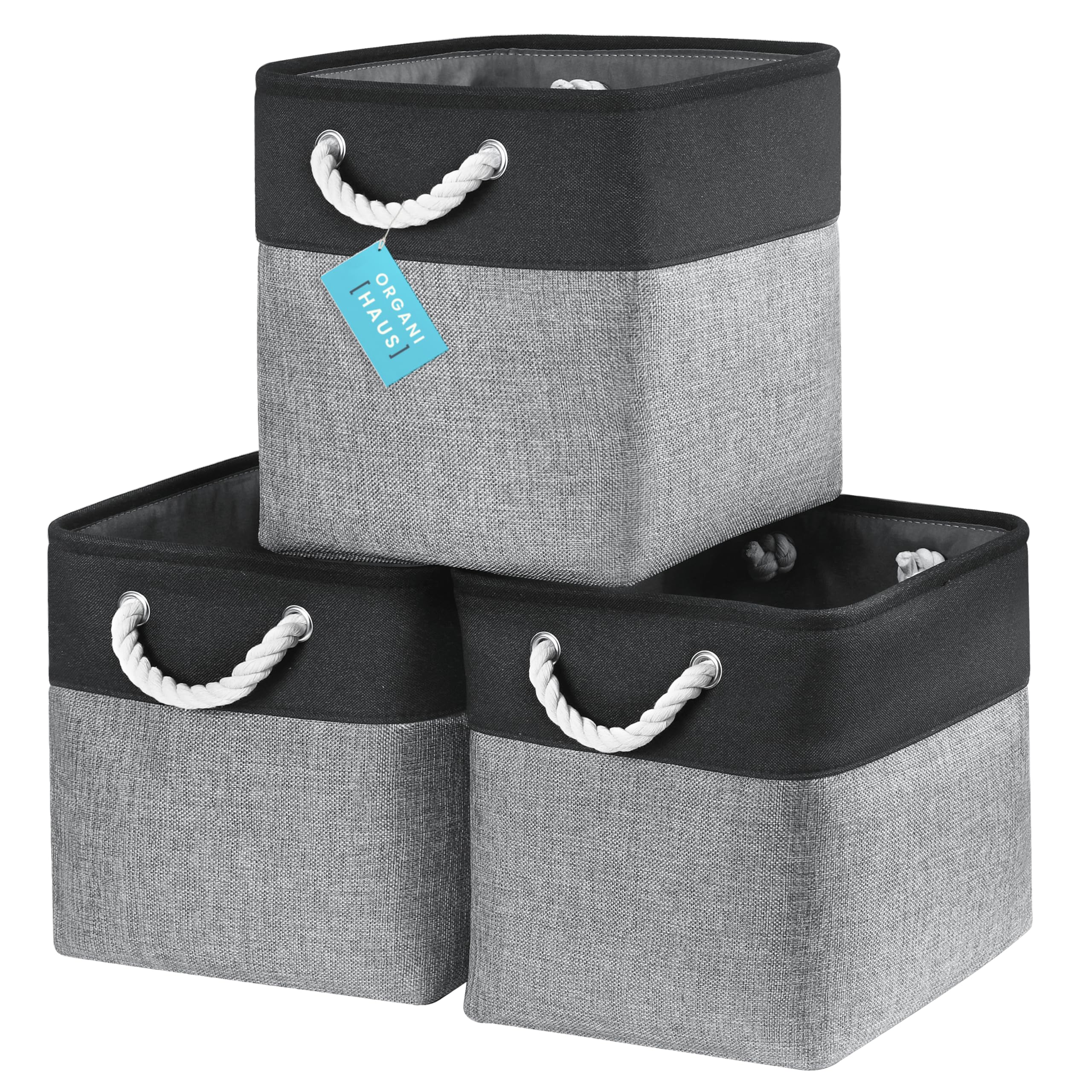 OrganiHaus Fabric Storage Boxes, Set of 3 Foldable 28x28 Cube Organiser Bins with Rope Handles for Shelves, Nursery & Closet