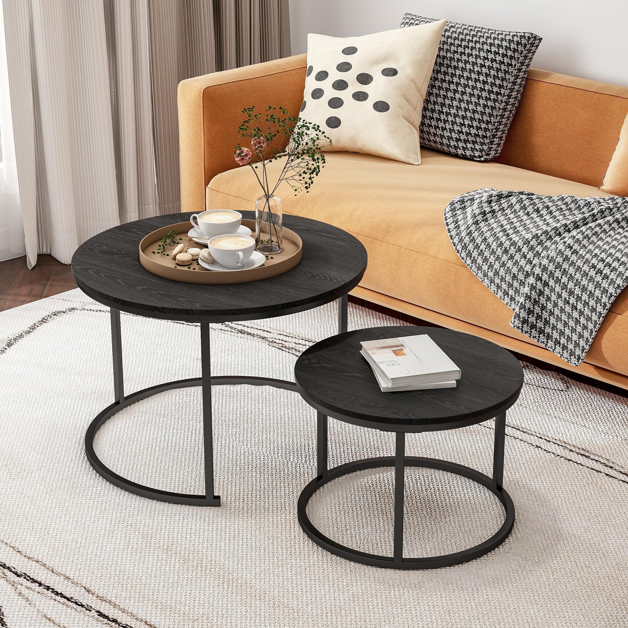 HOJINLINERO Round Coffee Table Side Table Set of 2 for Living Room,Black Coffee Table Nesting Tables Metal Frame with Wood Look,Sturdy and Easy