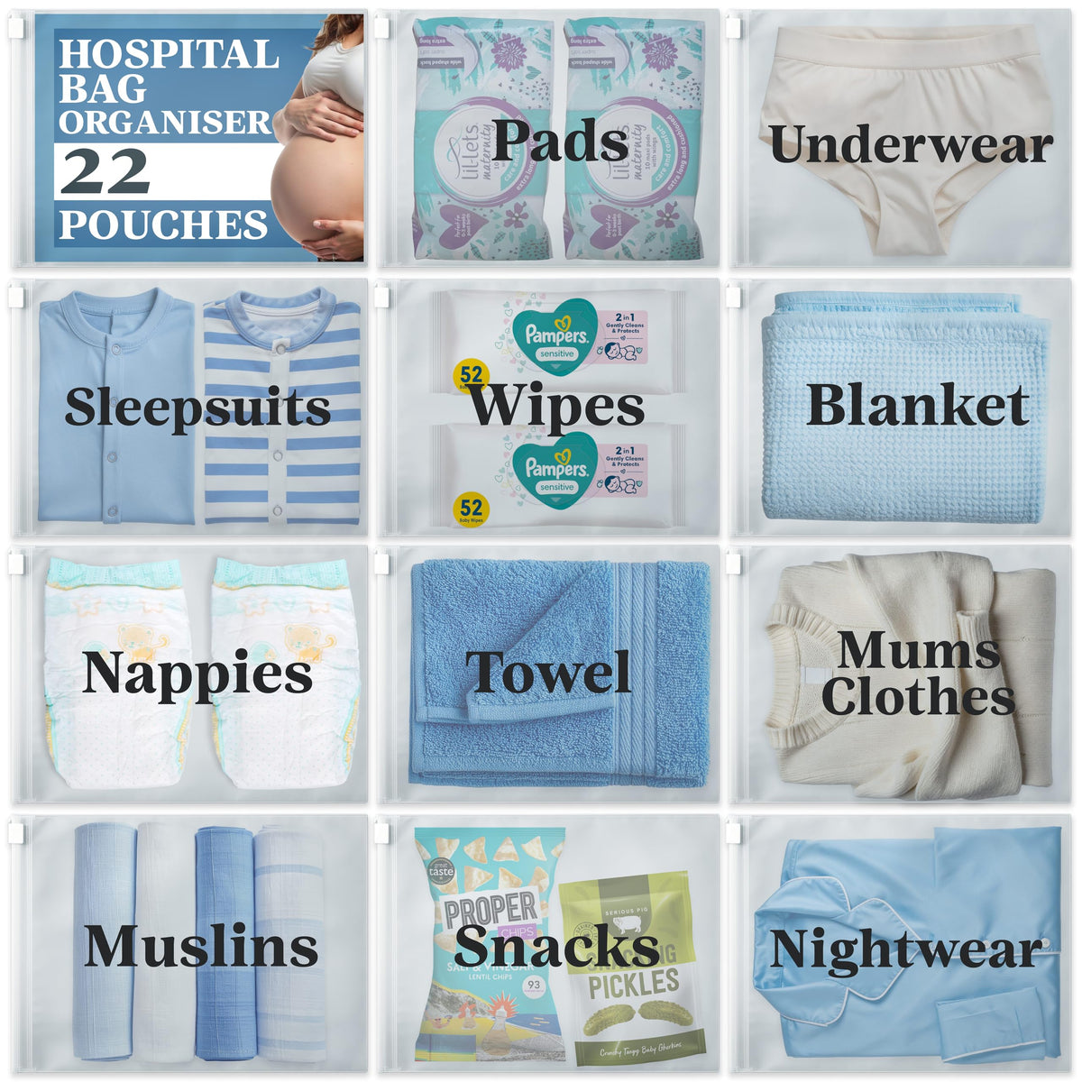 22 x Maternity Hospital Bag Organiser Pouches - Labelled Maternity Bags