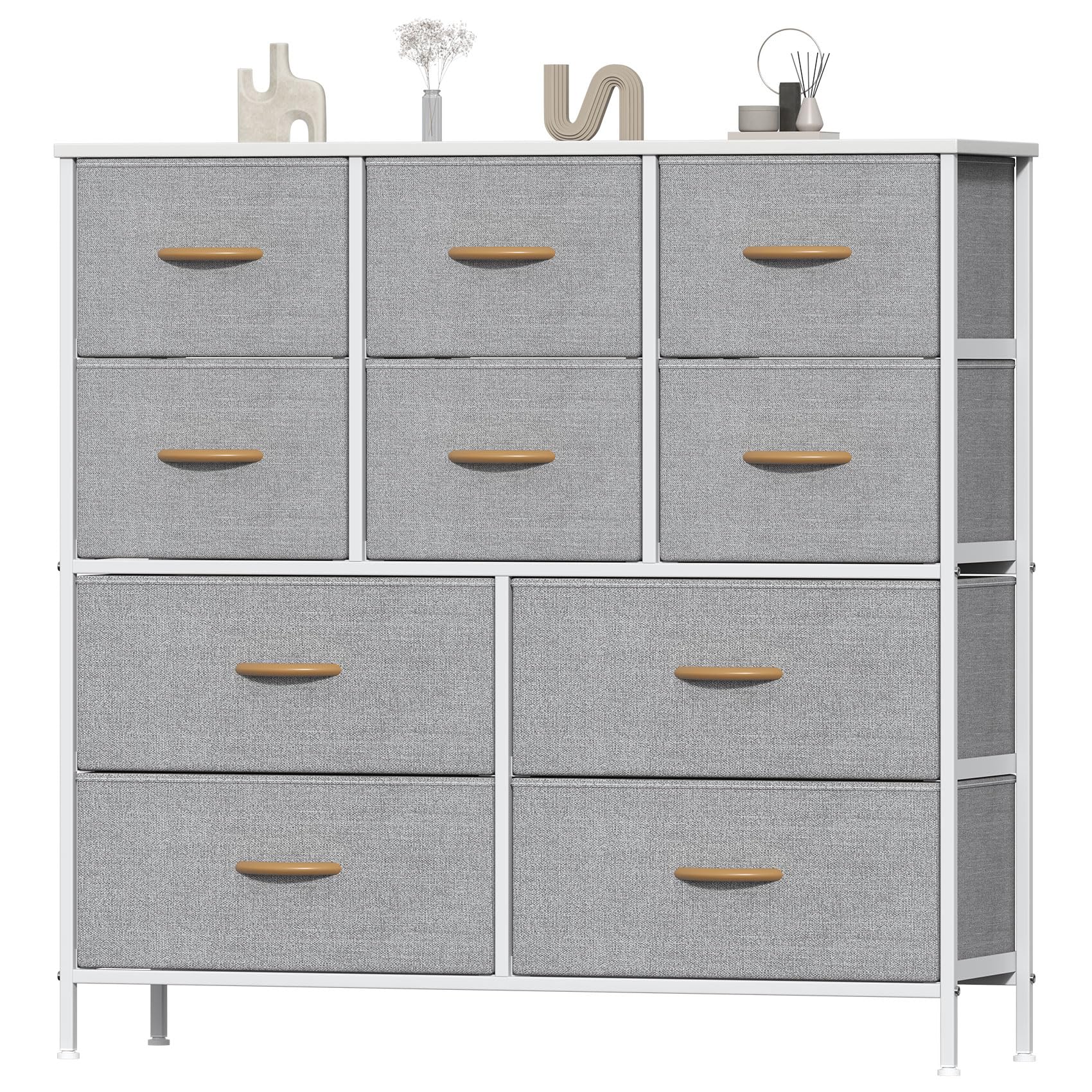 Feonase Chest of Drawers, Bedroom Tall Dresser with 10 Fabric Drawers, Metal Frame & MDF Wood Top, Adjustable Feet