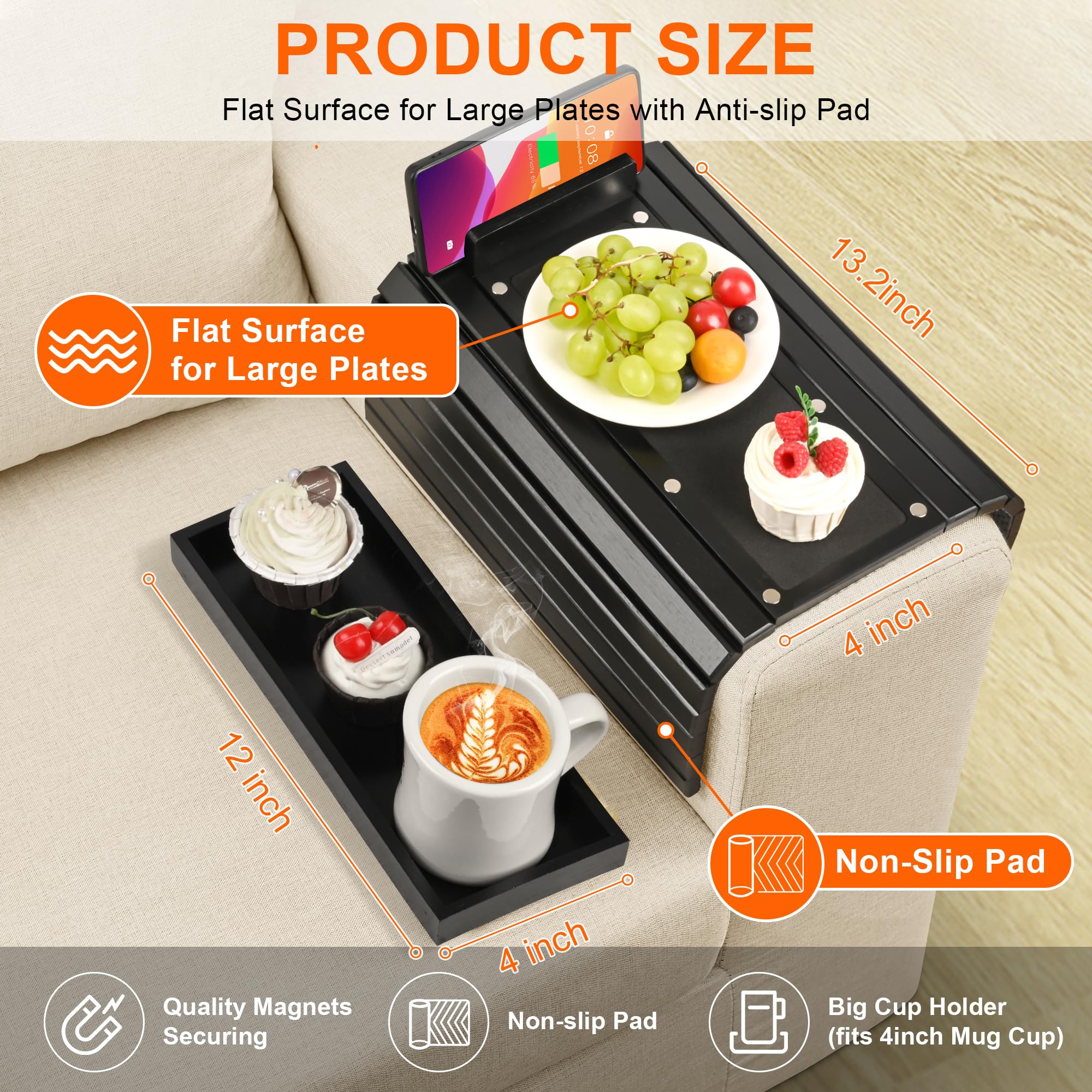 Joy&Grace Couch Cup Holder, 3-in-1 Magnetic Detachable Couch Arm Tray, Bamboo Sofa Armrest Table with Anti-Slip Pad, Sofa Armrest Tray Table (Black)