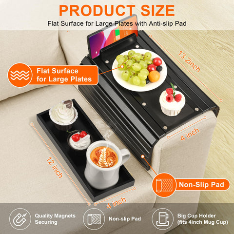 Joy&Grace Couch Cup Holder, 3-in-1 Magnetic Detachable Couch Arm Tray, Bamboo Sofa Armrest Table with Anti-Slip Pad, Sofa Armrest Tray Table (Black)