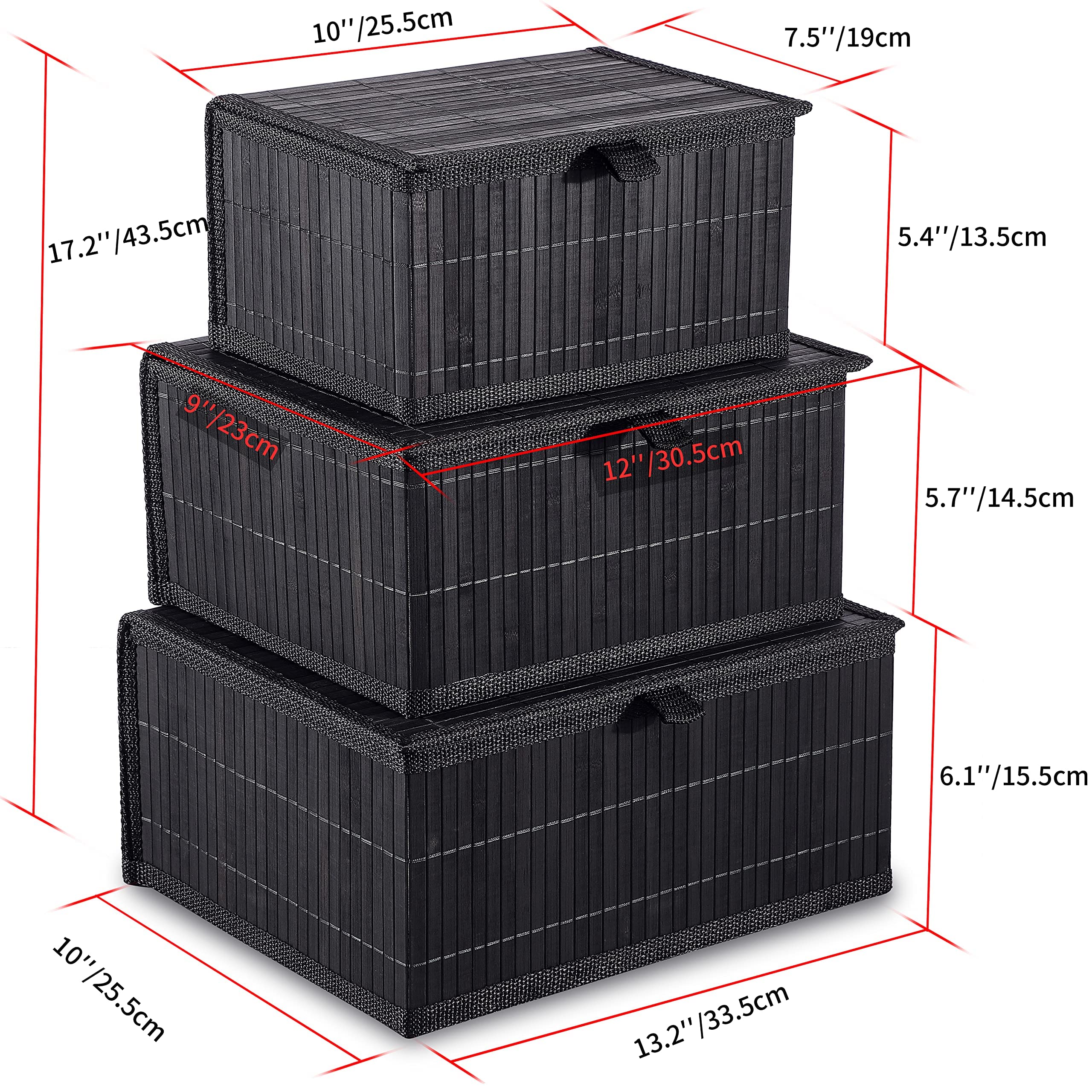 Honygebia Storage Basket with Lid – Black Decorative Bamboo Box for Organizing, Set of 3 Wicker Basket and Woven Fabric Lining for Home, Kitchen