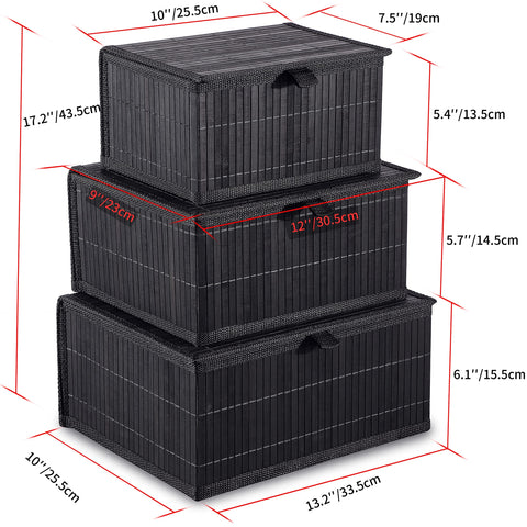 Honygebia Storage Basket with Lid – Black Decorative Bamboo Box for Organizing, Set of 3 Wicker Basket and Woven Fabric Lining for Home, Kitchen