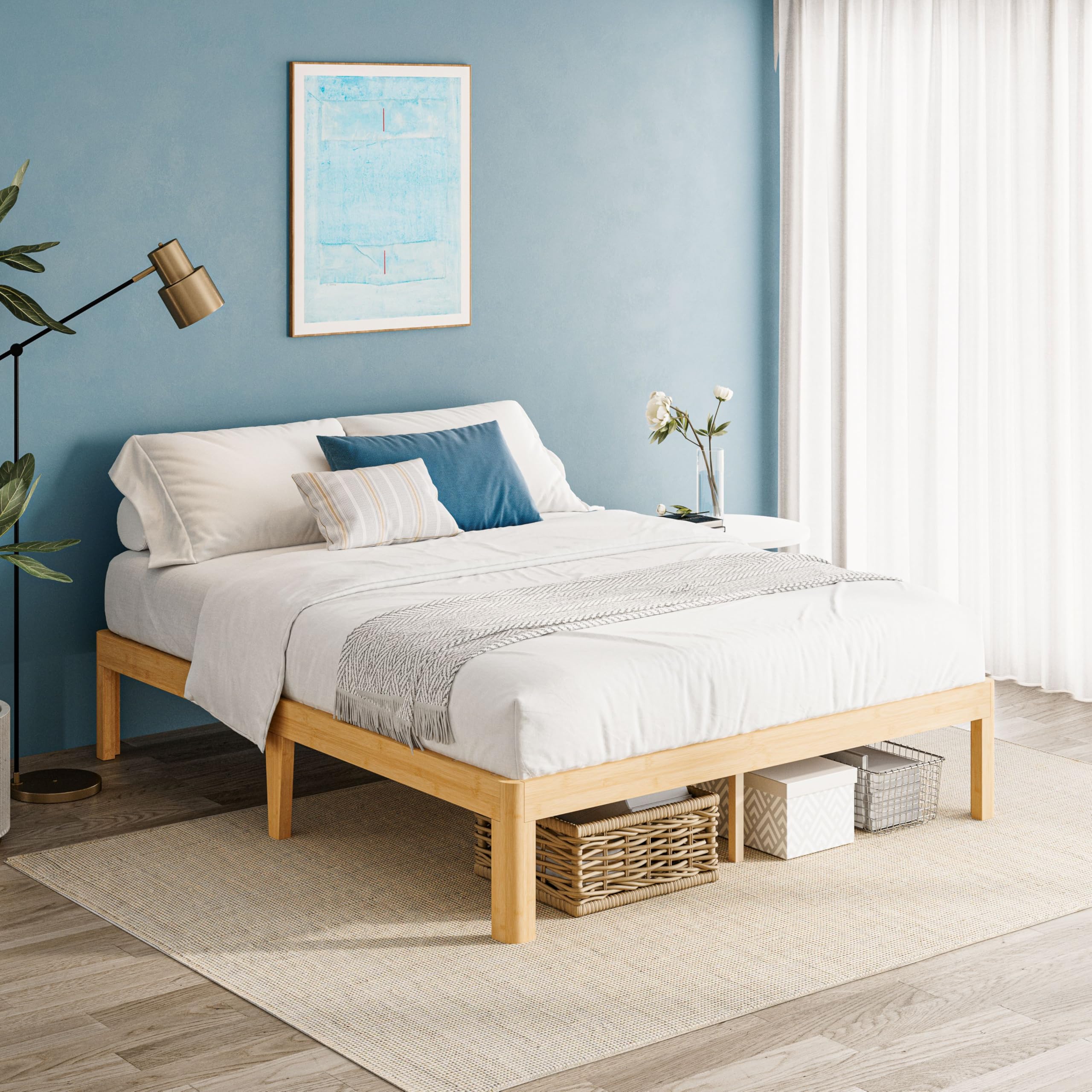 QFtime Bamboo Wood Double Bed Frame, Platform Bed Frame Double with Metal Slats Support, Easy to Install, Noise Free, Sturdy, 35.5 cm High