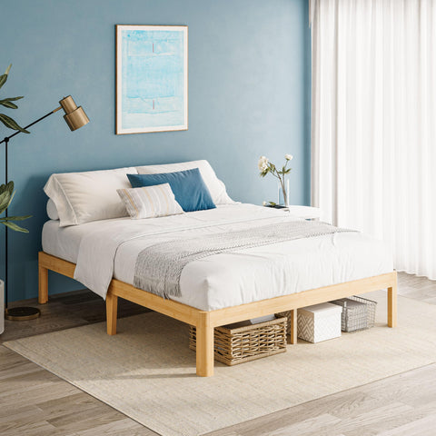QFtime Bamboo Wood Double Bed Frame, Platform Bed Frame Double with Metal Slats Support, Easy to Install, Noise Free, Sturdy, 35.5 cm High
