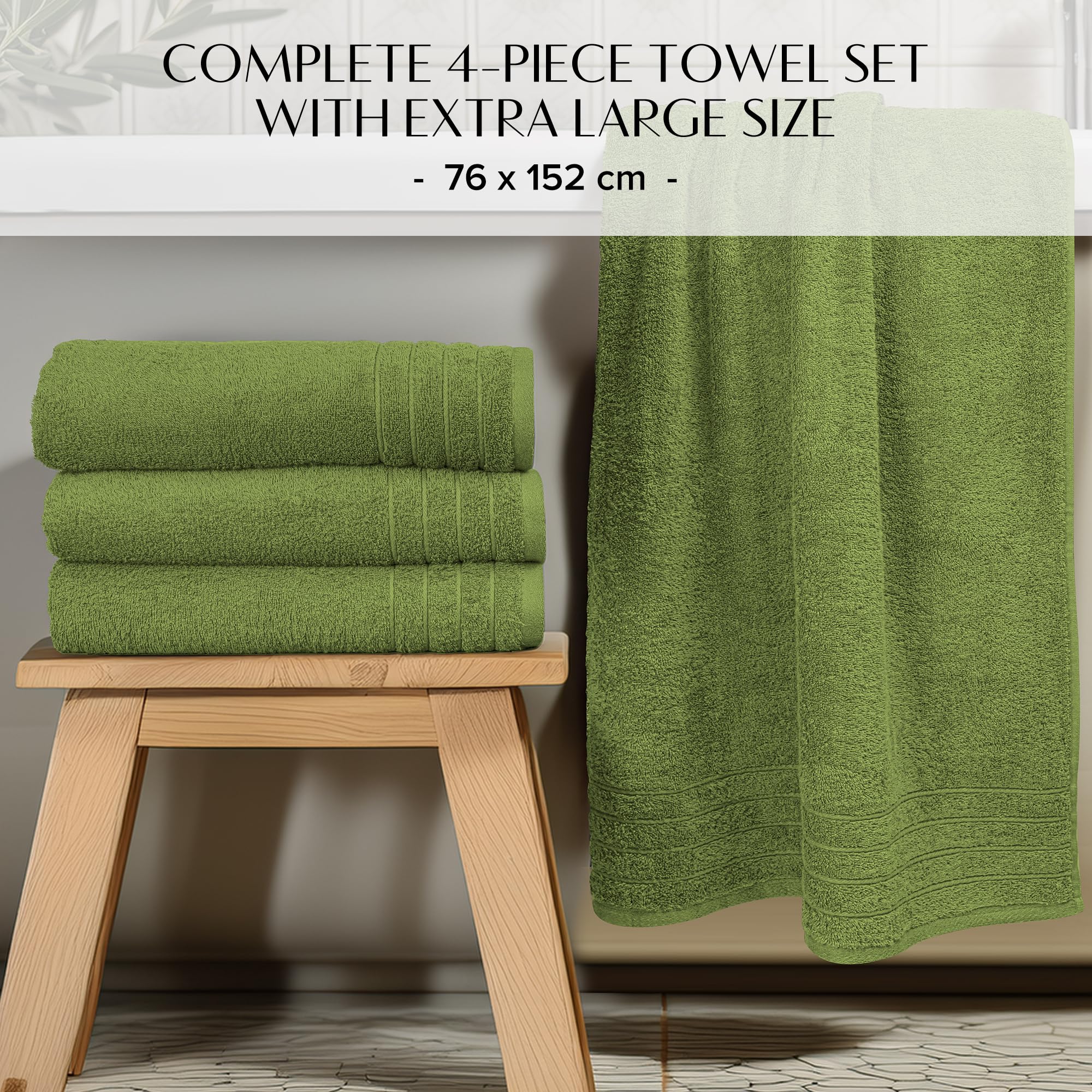 100% Cotton Extra Large Bath Towels Set of 4 (76x152cm) - Forest Green