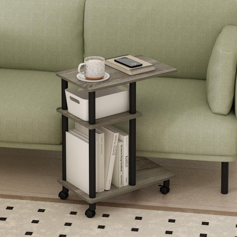 Furinno TOMI Side Table, 3-Tier C-Shape Open Shelf End Table with Wheels, Night Stand, Bedside Table, Toolless Assembly, for Living Room, Bedroom