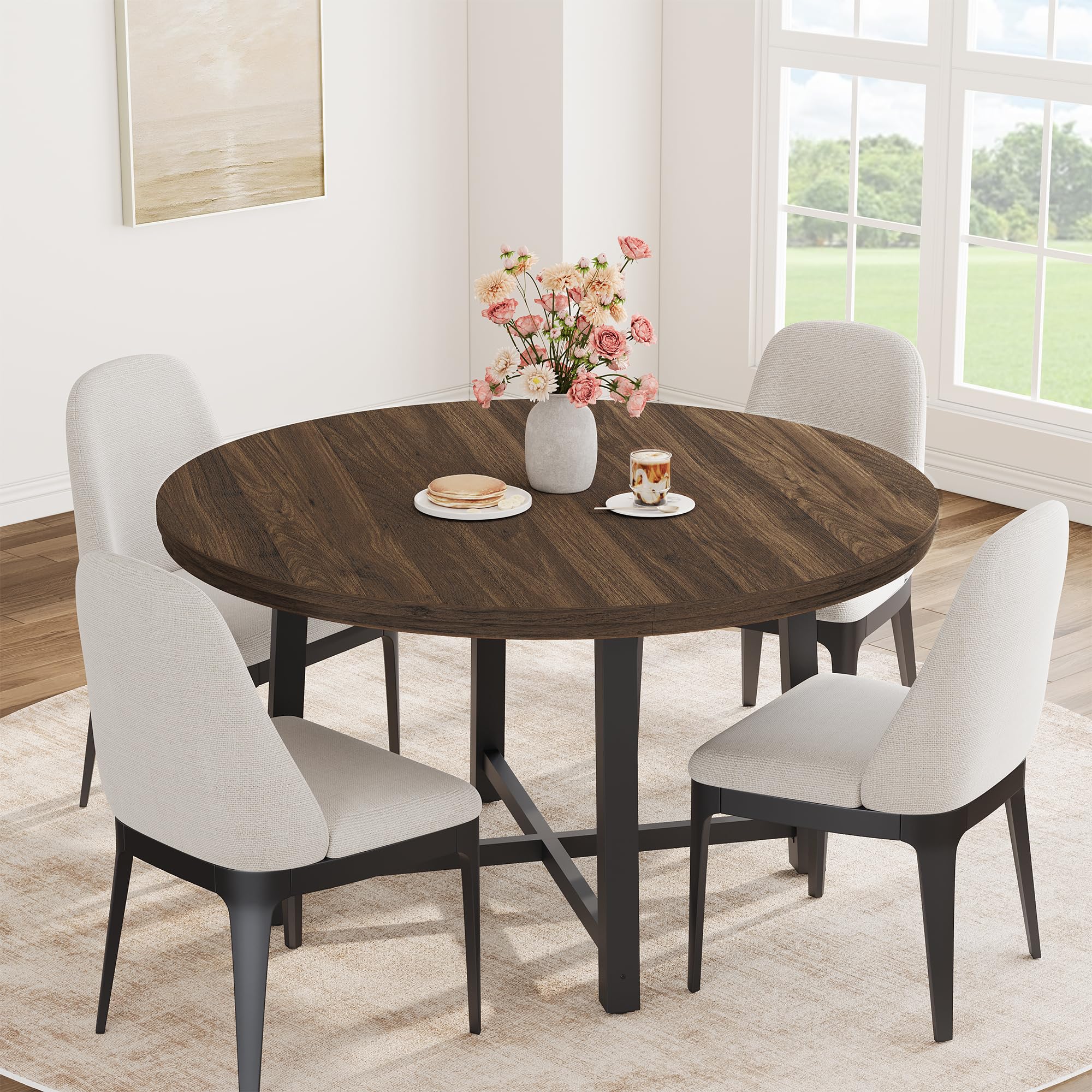 47 in Round Dining Table, Industrial Dinner Table for 4 to 6, Wooden Kitchen Table with Sturdy Metal Frame & Rustic Light Oak Finish
