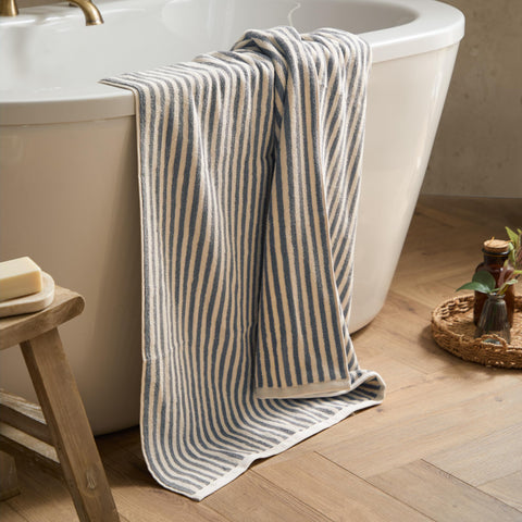 Yard Hebden Striped Cotton Terry Bath Sheet (Mineral Blue, 100 x 150 cm)