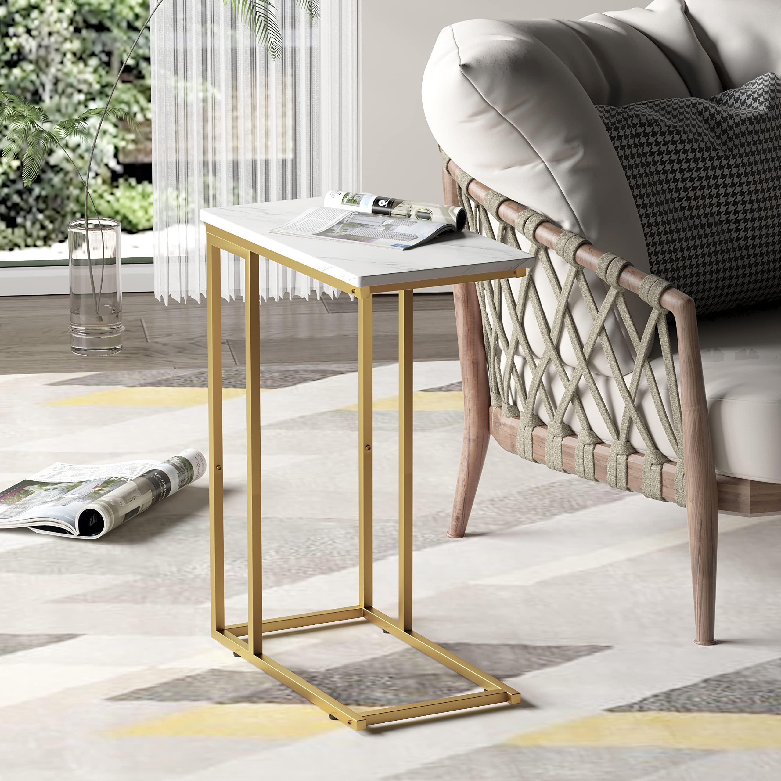 Yusong Small C Shaped End Table, Slim Narrow Couch Side Tables Slide Under Sofa Bed