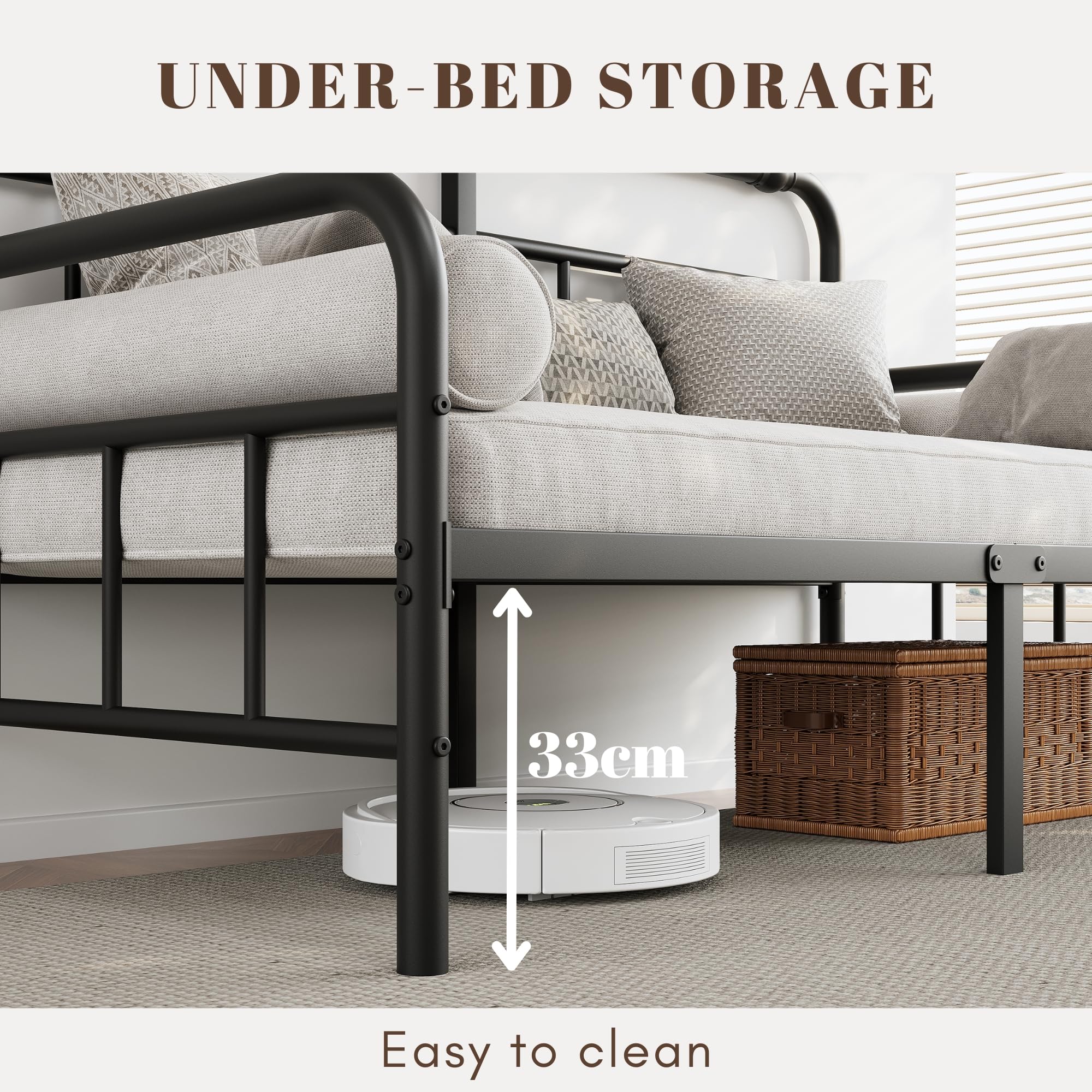 QFtime Metal Day Bed Frame with Headboard - Single Bed Frame with Underbed Storage and Steel Slat Support - Easy Assembly, Noise Free Black