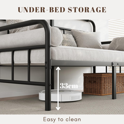 QFtime Metal Day Bed Frame with Headboard - Single Bed Frame with Underbed Storage and Steel Slat Support - Easy Assembly, Noise Free Black