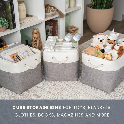 OrganiHaus Fabric Storage Boxes, Set of 3 Foldable 28x28 Cube Organiser Bins with Rope Handles for Shelves, Nursery & Closet
