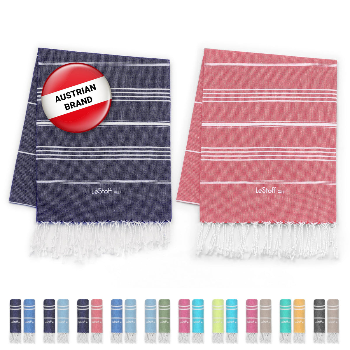 LeStoff 2 Hammam Towels/Beach Towels, 100% Organic Cotton, 95x180, Navy/Red