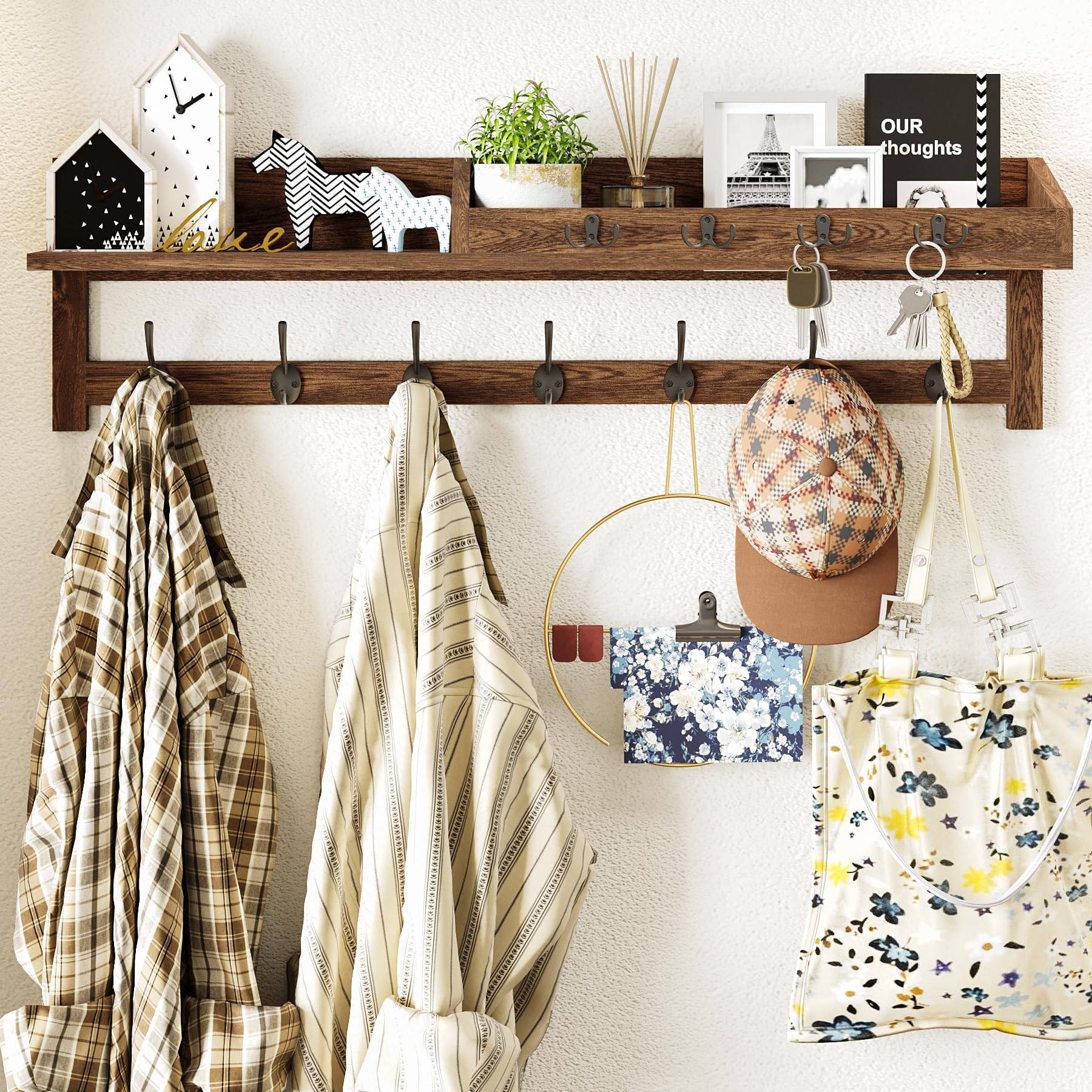 AMBIRD Wall-Mounted Coat Rack, 89cm Large Wall Hooks with Shelf, Entryway Shelf with 7 Dual Coat Hooks, Mail Organiser, Wooden Coat Hanger