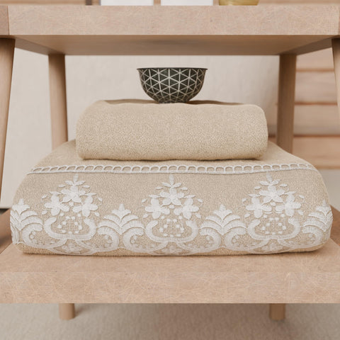 PETTI Artigiani Italiani - 100% Cotton Terry Bath Towels, 1+1 Towel Set, 2 Pieces, 1 Face Towel and 1 Hand Towel, Beige