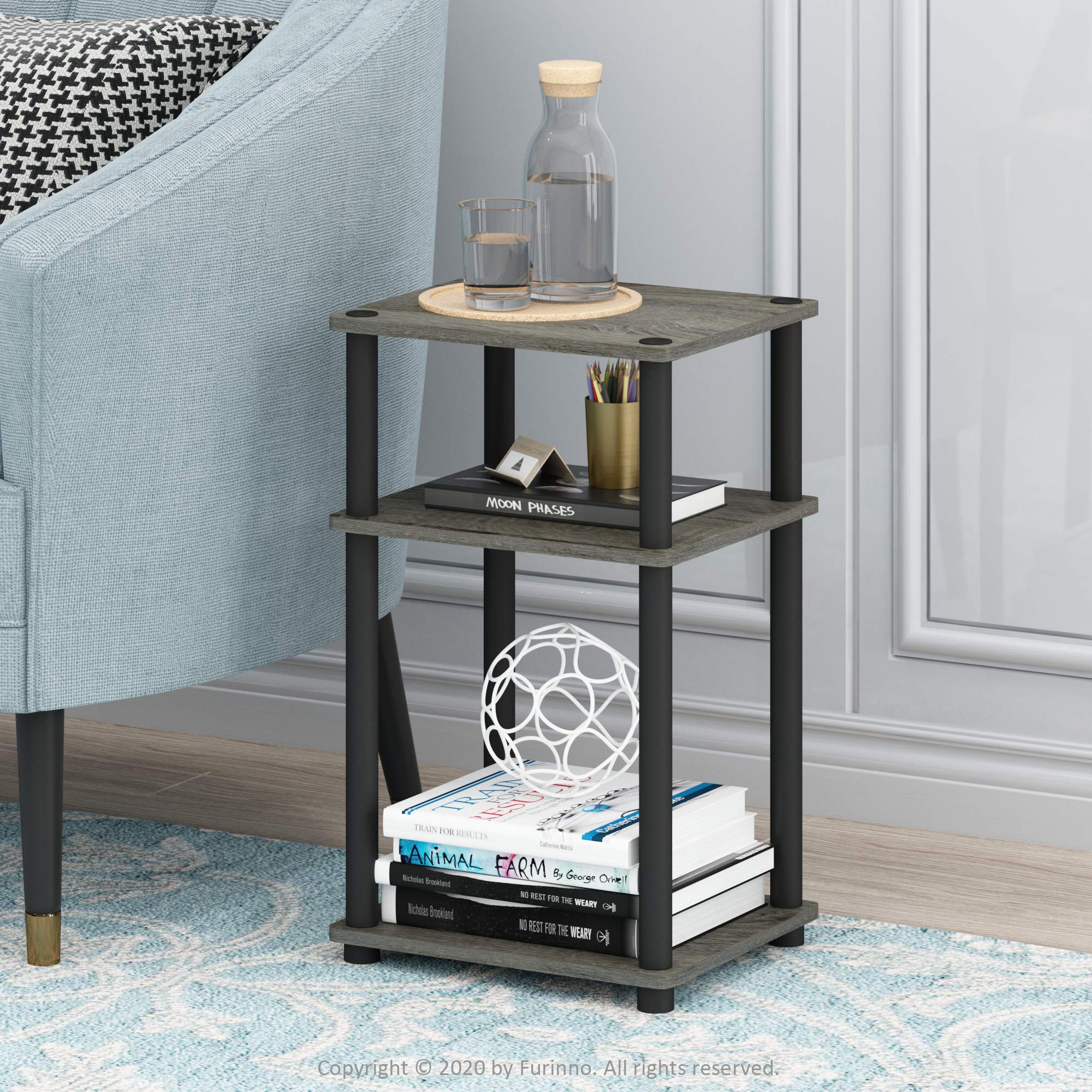 Furinno Just 3-Tier Turn-N-Tube End Table, Side Table, Nightstand, French Oak/Black, 2-Pack