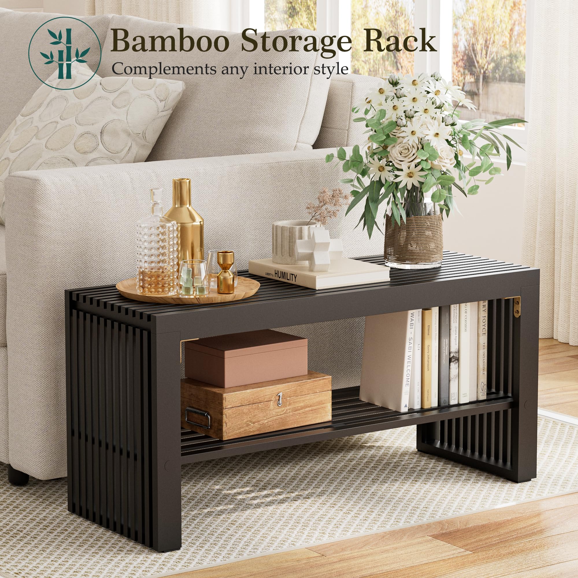 HEYZOEY Balck Bamboo Hallway Bench with Shelf, Dining Bench, 35×13×17 in