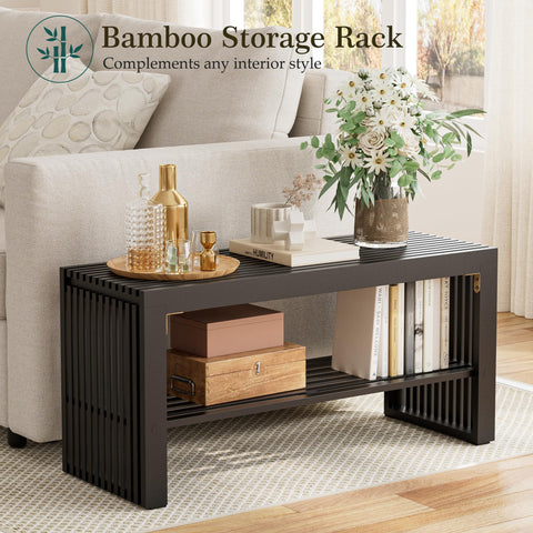 HEYZOEY Balck Bamboo Hallway Bench with Shelf, Dining Bench, 35×13×17 in