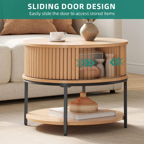 YITAHOME Round Coffee Table, Coffee Table with 2-Tier Storage Space, Fluted Coffee Tables with Tambour-Design Sliding Doors for Living Room