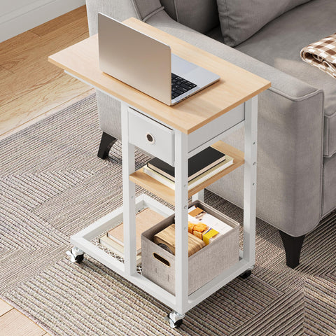 YITAHOME 2PCS C-Shaped Slim Sofa End Table with Fabric Drawer, Oak
