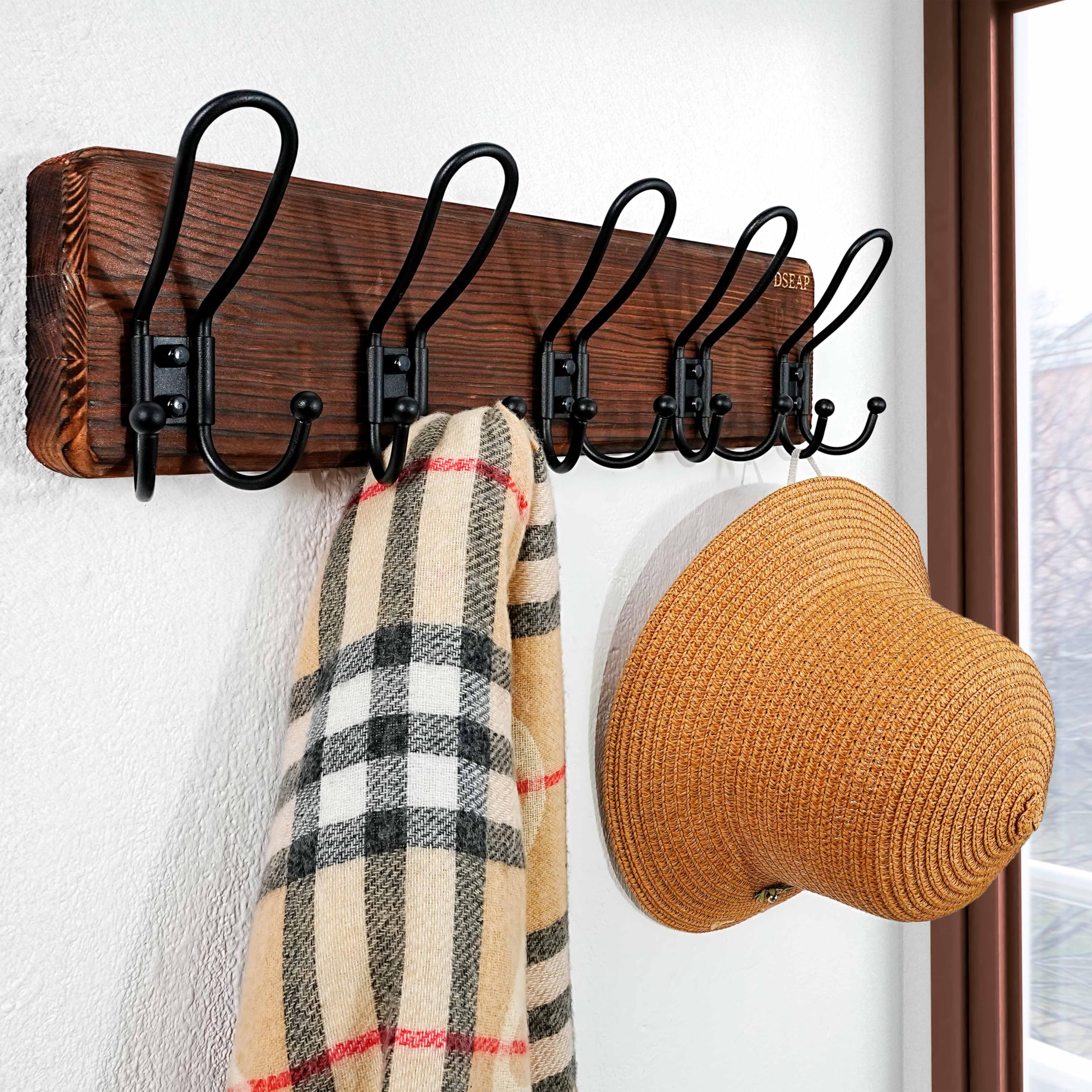 Dseap Coat Rack Wall Mounted - Heavy Duty Farmhouse Rustic Wall Coat Hanger with 5 Wire Hooks for Clothes Hat Jacket Towel, RusticWire, J1-5A