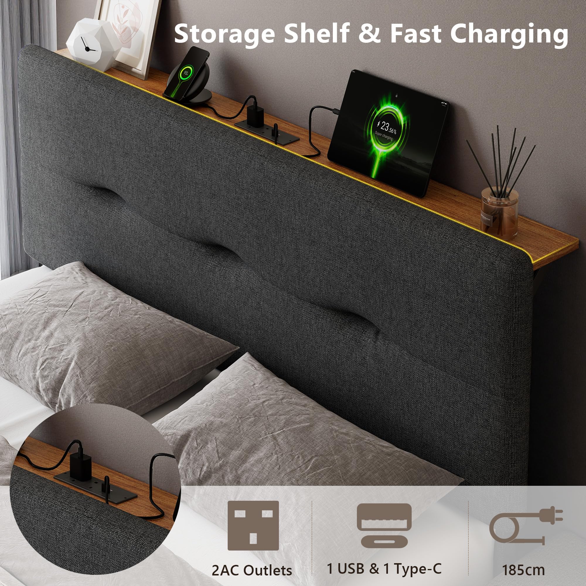 Feonase 4ft Double Bed Frame with Storage Linen Headboard, Upholstered Bedframe double bed with Charging Station, Sturdy Wooden Slat Support