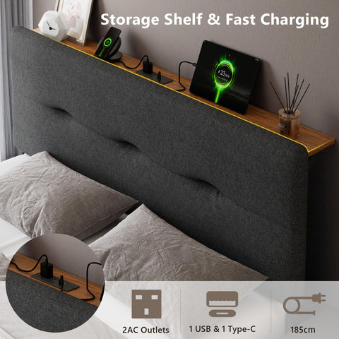 Feonase 4ft Double Bed Frame with Storage Linen Headboard, Upholstered Bedframe double bed with Charging Station, Sturdy Wooden Slat Support